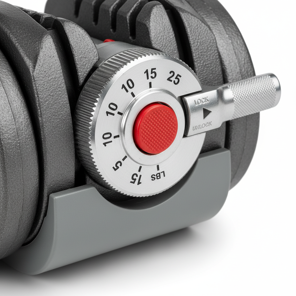 Close-up of PowerLift dumbbell weight selector dial