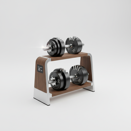 PowerLift Adjustable Dumbbell Set in chrome and black on gym rack
