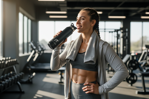 Athlete holding HydroMax water bottle after workout